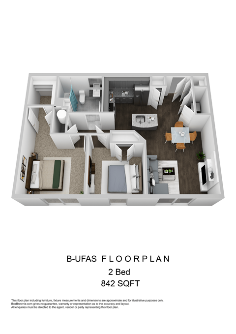 B-UFAS Two Bedroom 3D Floorplan